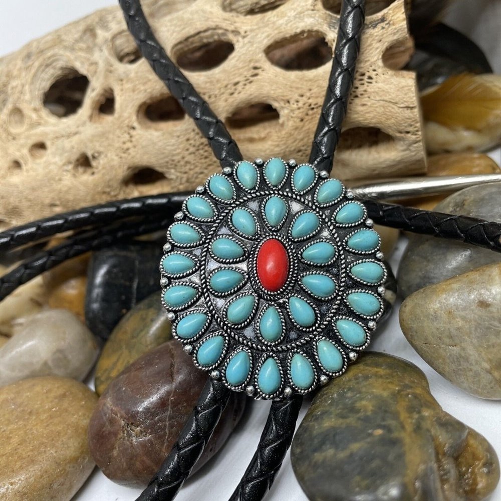Turquoise and Red Floral Pendant Bolo Tie Necklace